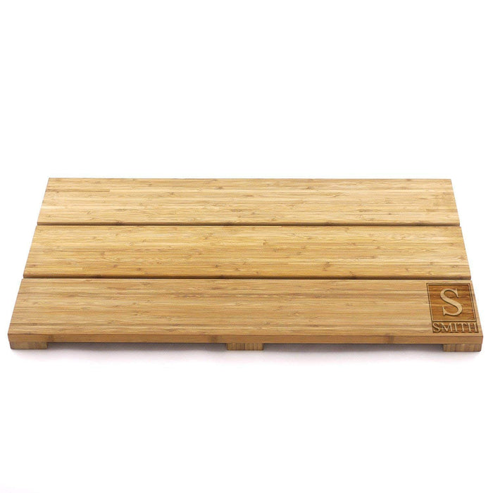 Bamboomn Custom Engraved Raised Bamboo Bath Mat: Square Name Block Dark