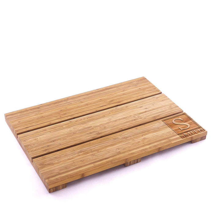 Bamboomn Custom Engraved Raised Bamboo Bath Mat: Square Name Block Dark
