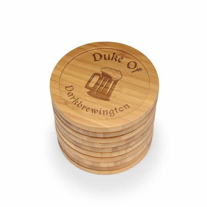 Bamboomn Dark Ale Names Round Custom Engraved Bamboo Coaster Set