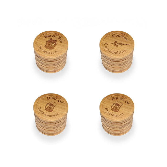 bamboomn Dark Ale Names Round Custom Engraved Bamboo Coaster Set