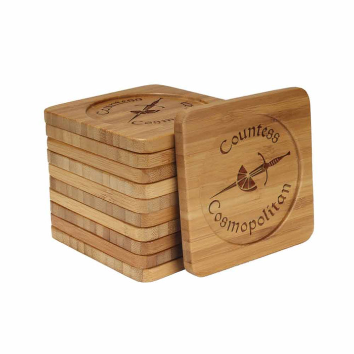 Bamboomn Dark Ale Names Square Custom Engraved Bamboo Coaster Set