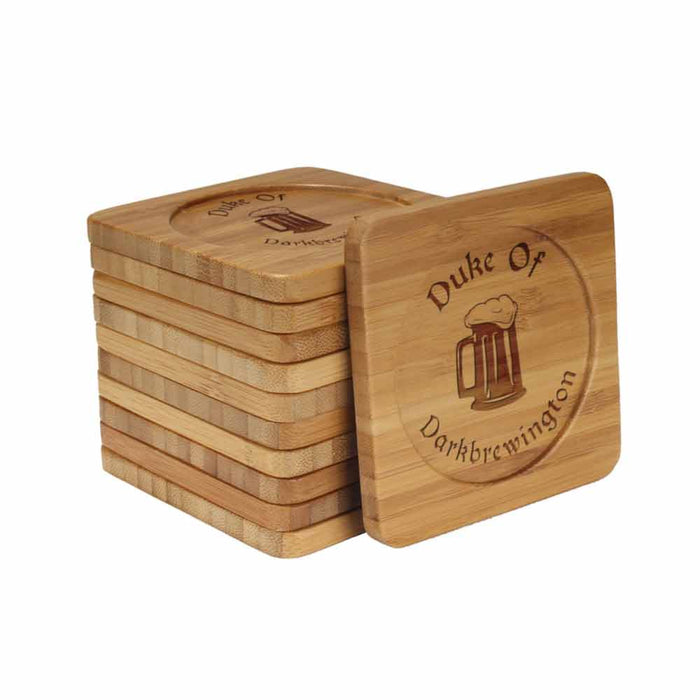 Bamboomn Dark Ale Names Square Custom Engraved Bamboo Coaster Set