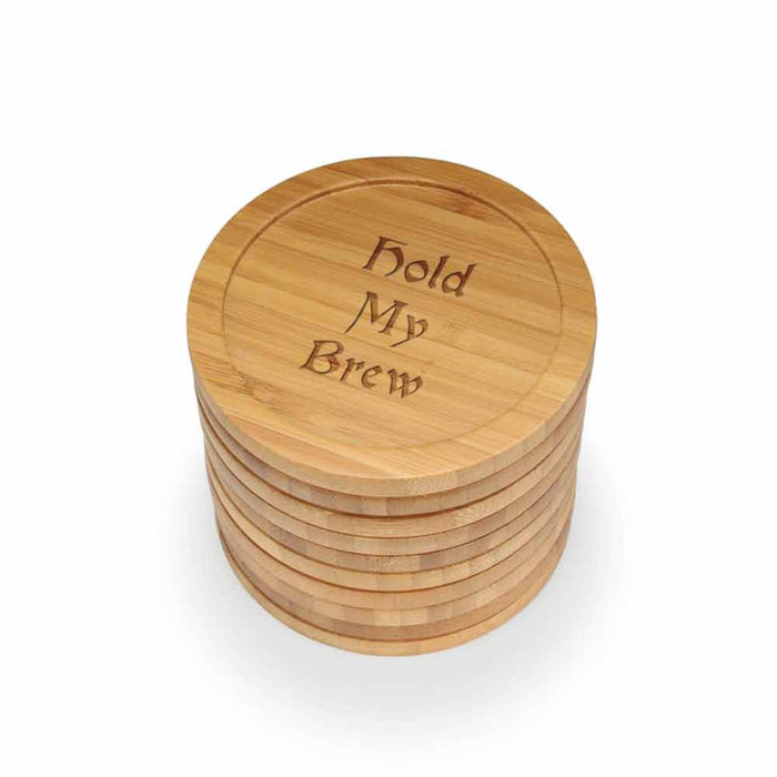 Bamboomn Dark Ale Phrases Round Custom Engraved Bamboo Coaster Set