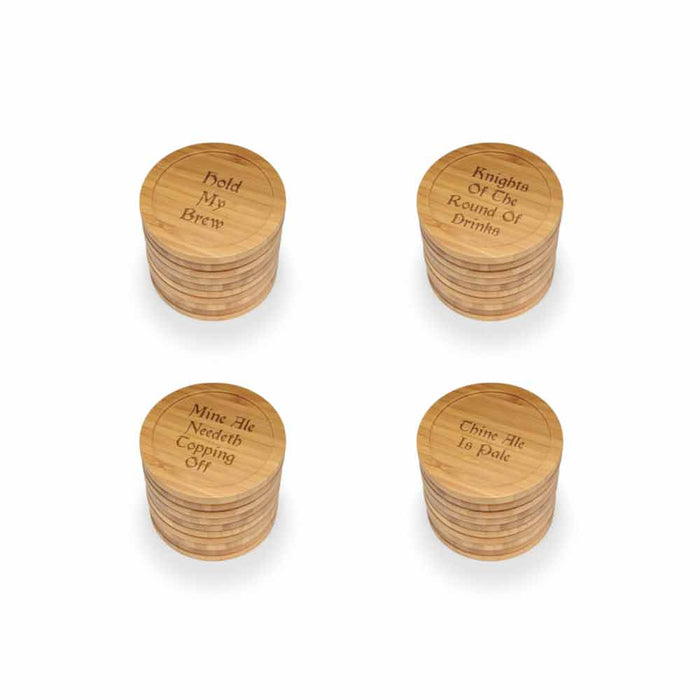 Bamboomn Dark Ale Phrases Round Custom Engraved Bamboo Coaster Set