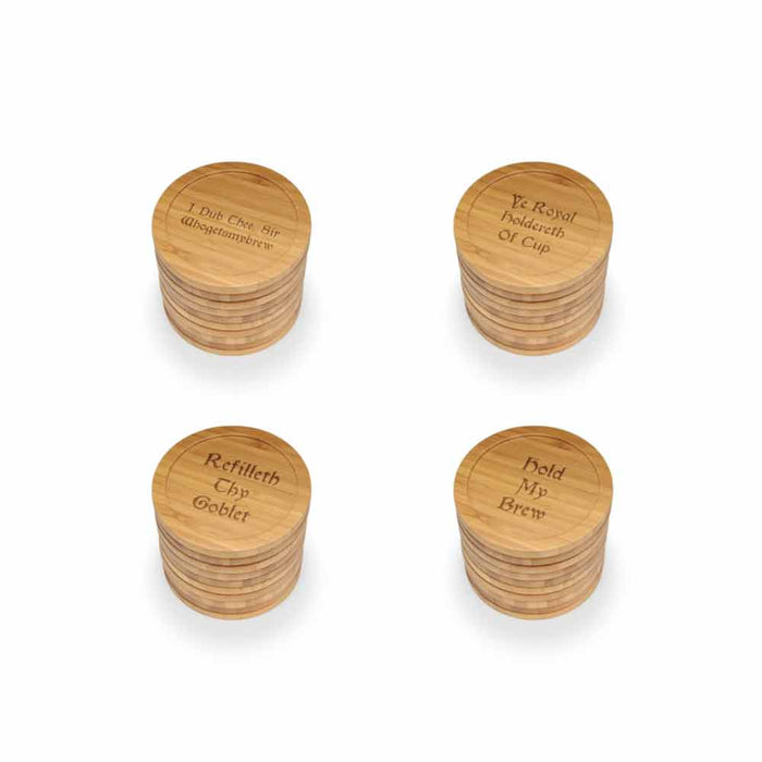 Bamboomn Dark Ale Phrases Round Custom Engraved Bamboo Coaster Set