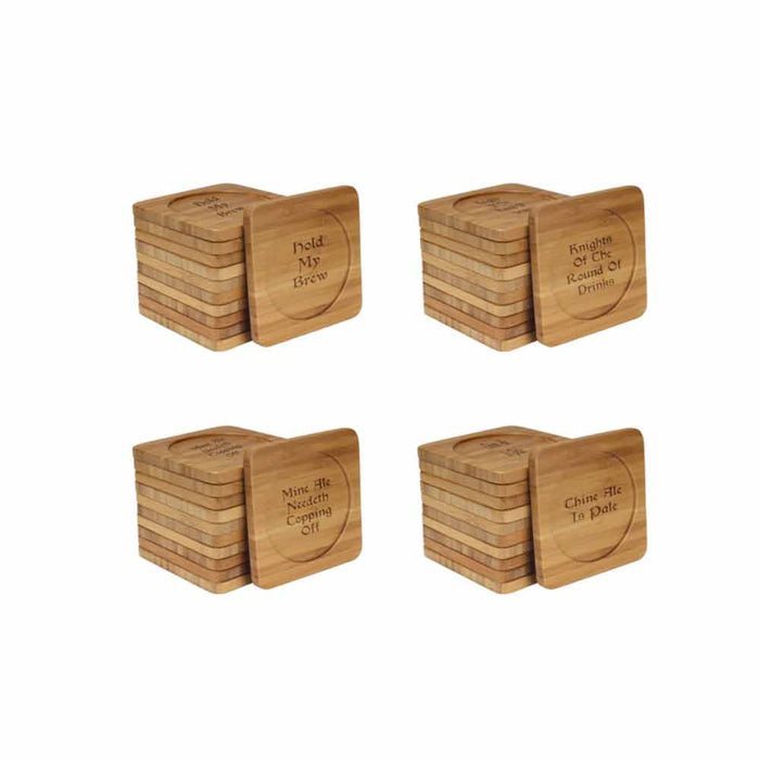 Bamboomn Dark Ale Phrases Square Custom Engraved Bamboo Coaster Set