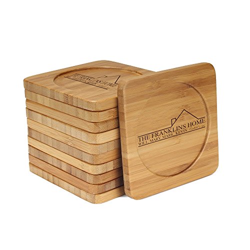 bamboomn Family Home Square Custom Engraved Bamboo Coaster Set