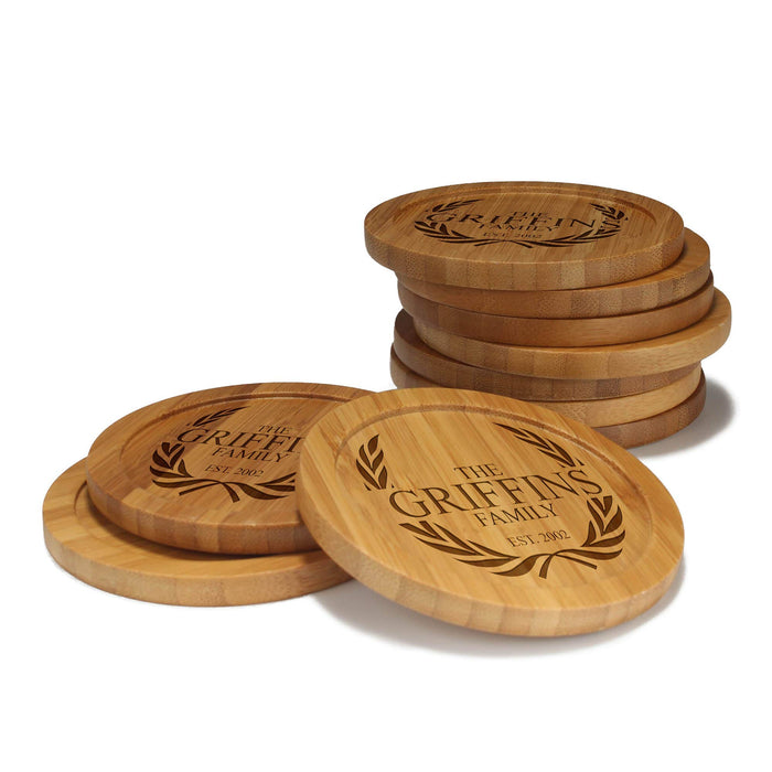 bamboomn Family Laurel Round Custom Engraved Bamboo Coaster Set