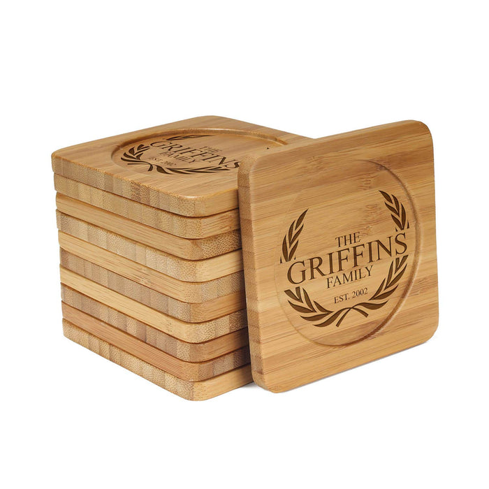 bamboomn Family Laurel Square Custom Engraved Bamboo Coaster Set