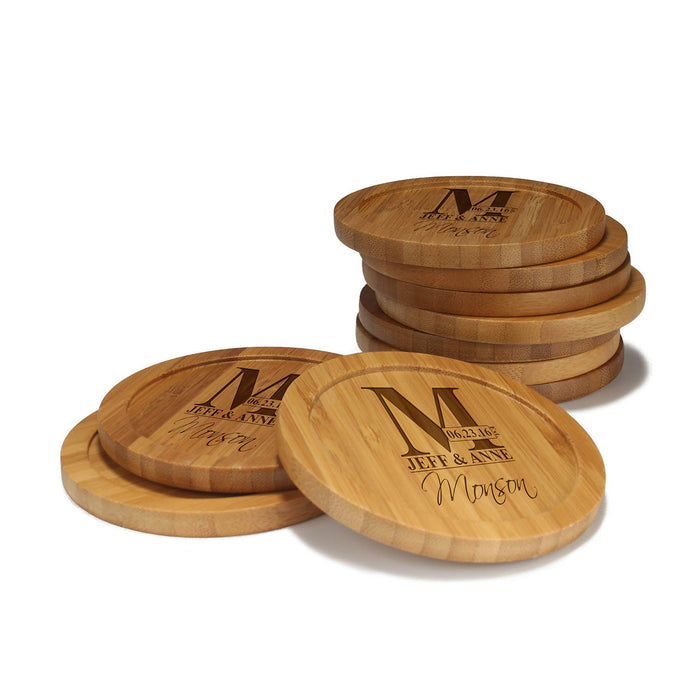 bamboomn Family Name and Letter Round Custom Engraved Bamboo Coaster Set
