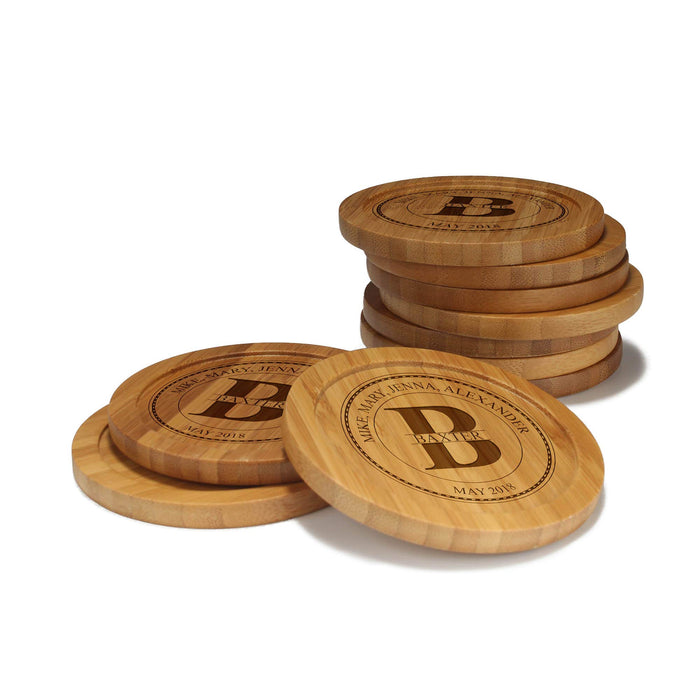 bamboomn Family Name in Circle Round Custom Engraved Bamboo Coaster Set
