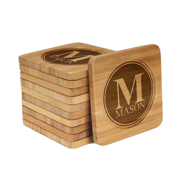 bamboomn Family Name in Dark Circle Square Custom Engraved Bamboo Coaster Set