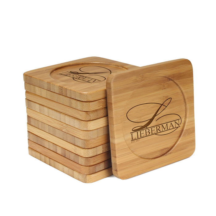 bamboomn Family Name Simple Letter Square Custom Engraved Bamboo Coaster Set