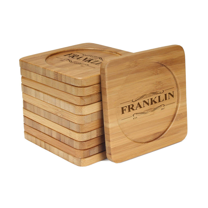 bamboomn Family Sign Square Custom Engraved Bamboo Coaster Set