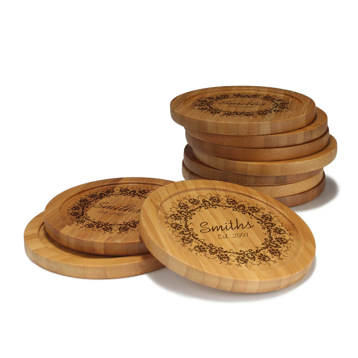 bamboomn Floral Circle Round Custom Engraved Bamboo Coaster Set
