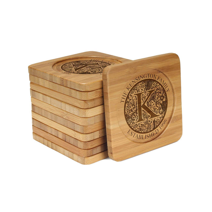 bamboomn Floral Family Circle Square Custom Engraved Bamboo Coaster Set