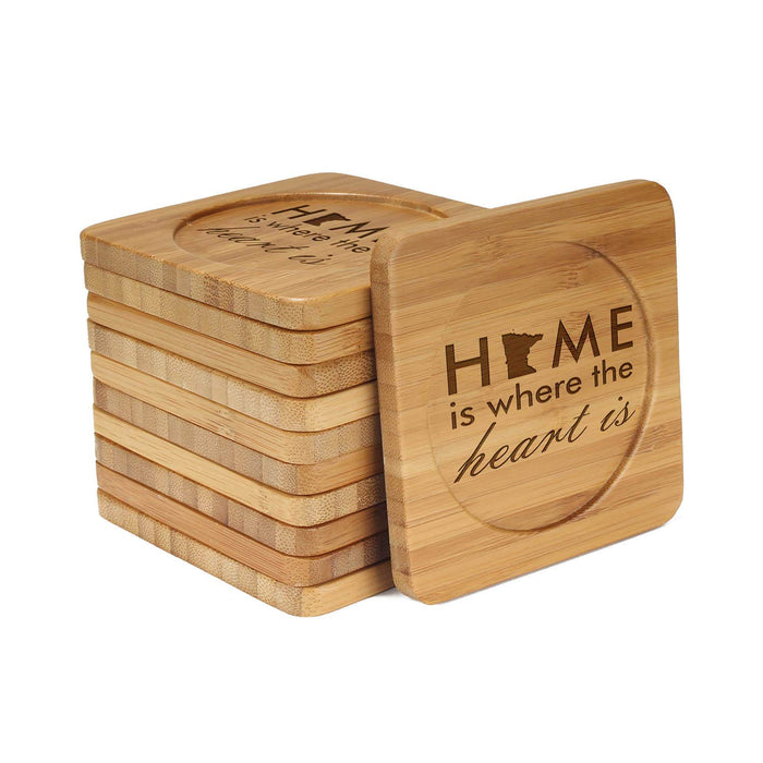 bamboomn Home is Where the Heart is Square Custom Engraved Bamboo Coaster Set