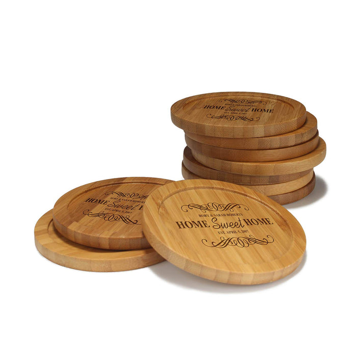 bamboomn Home Sweet Home Round Custom Engraved Bamboo Coaster Set