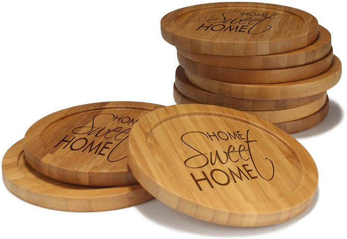 bamboomn Home Sweet Home Simple Round Custom Engraved Bamboo Coaster Set