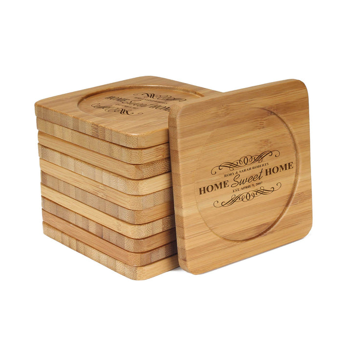 bamboomn Home Sweet Home Square Custom Engraved Bamboo Coaster Set