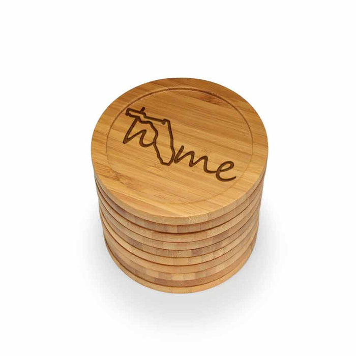 Bamboomn Home With State Style 1 Round Custom Engraved Bamboo Coaster Set
