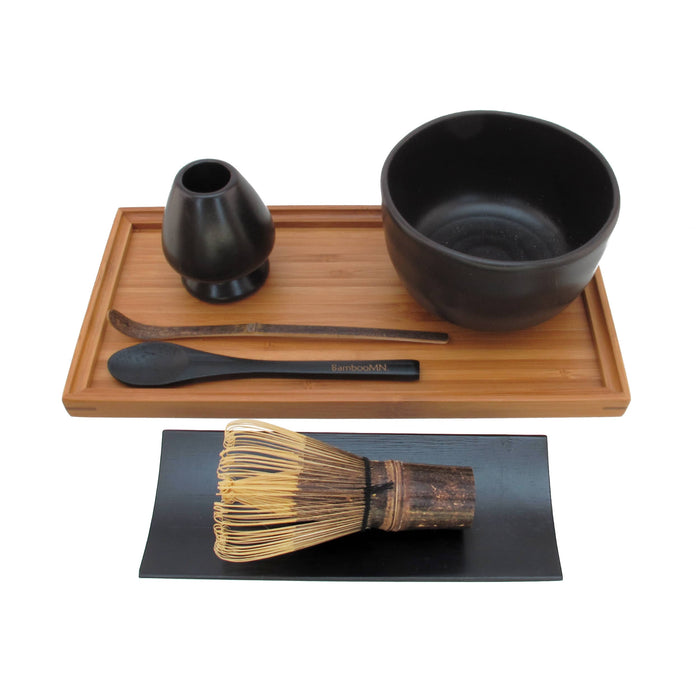 Bamboomn Matcha Bowl Set With Bowl Rest Black Tea Whisk Black Chashaku Black Tea Spoon Rest Tray & Tray