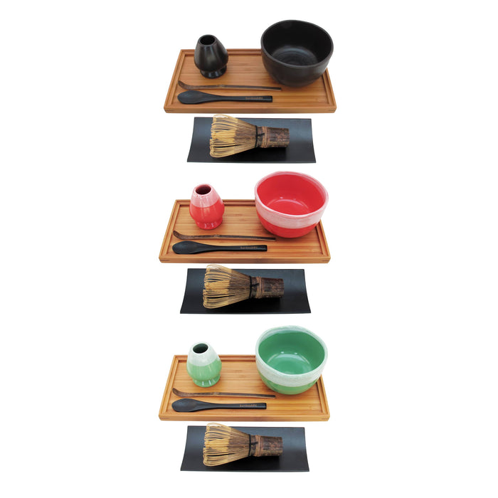 bamboomn Matcha Bowl Set with Bowl Rest Black Tea Whisk Black Chashaku Black Tea Spoon Rest Tray & Tray