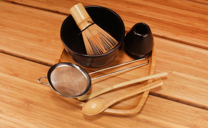 Bamboomn Matcha Set With Golden Chasen Whisk Chashaku Tea Spoon Black Bowl Black Rest Strainer Tea Tray