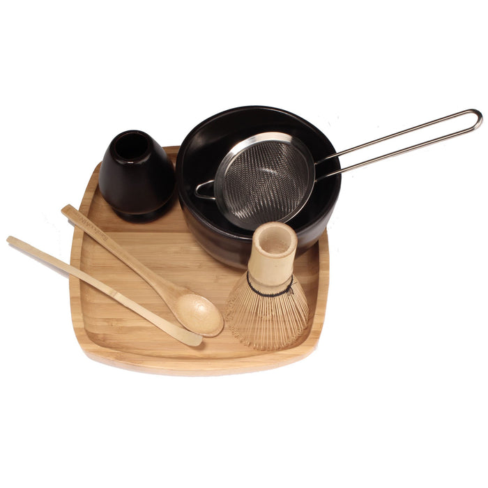 Bamboomn Matcha Set With Golden Chasen Whisk Chashaku Tea Spoon Black Bowl Black Rest Strainer Tea Tray