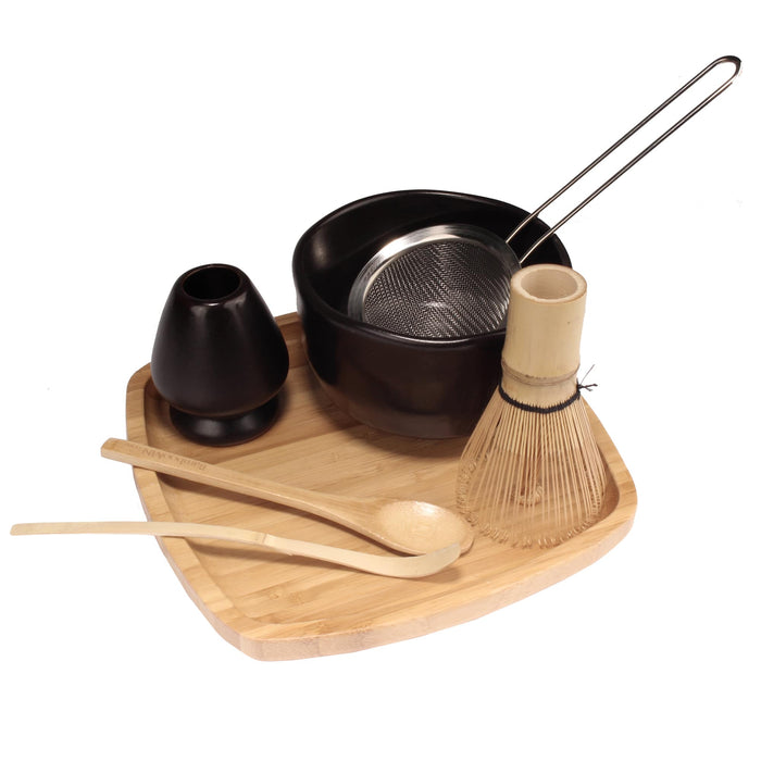 bamboomn Matcha Set with Golden Chasen Whisk Chashaku Tea Spoon Black Bowl Black Rest Strainer Tea Tray