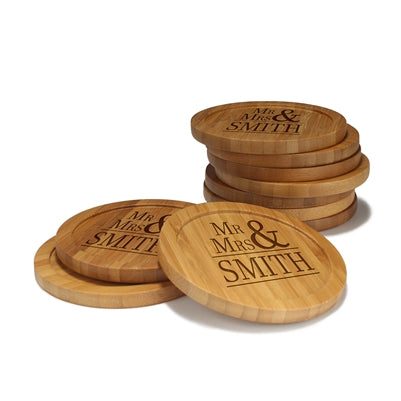 bamboomn Mr. and Mrs. Basic Round Custom Engraved Bamboo Coaster Set