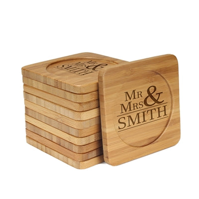 bamboomn Mr. and Mrs. Basic Square Custom Engraved Bamboo Coaster Set