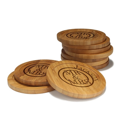 bamboomn Mr. and Mrs. Round Custom Engraved Bamboo Coaster Set
