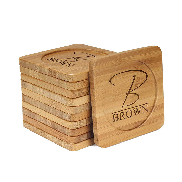 bamboomn Simple Monogram Square Custom Engraved Bamboo Coaster Set