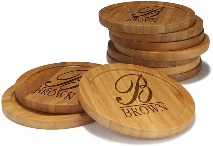 bamboomn Simple Monogram Thick Font Round Custom Engraved Bamboo Coaster Set