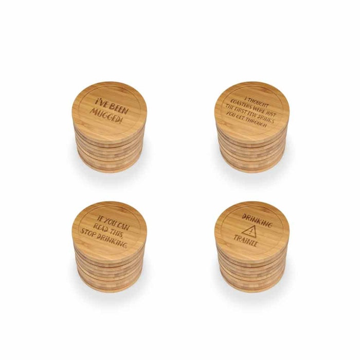 Bamboomn Simple Phrases Round Custom Engraved Bamboo Coaster Set