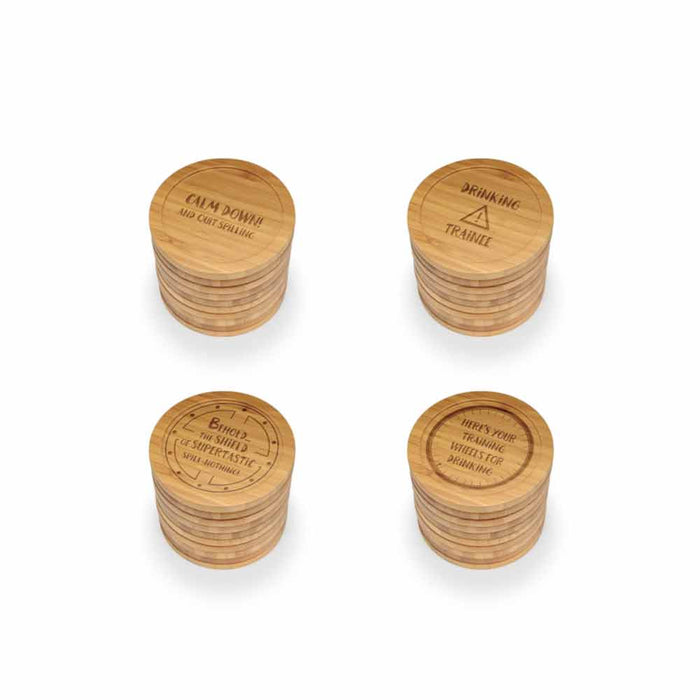 bamboomn Simple Phrases Round Custom Engraved Bamboo Coaster Set