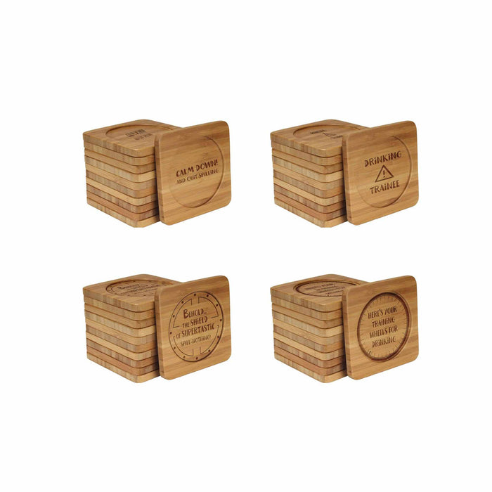 bamboomn Simple Phrases Square Custom Engraved Bamboo Coaster Set