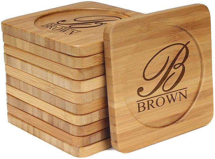 bamboomn Simple Thick Monogram Square Custom Engraved Bamboo Coaster Set