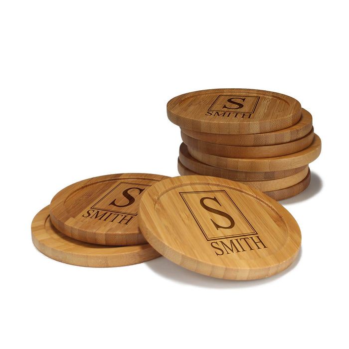 bamboomn Square Monogram Round Custom Engraved Bamboo Coaster Set