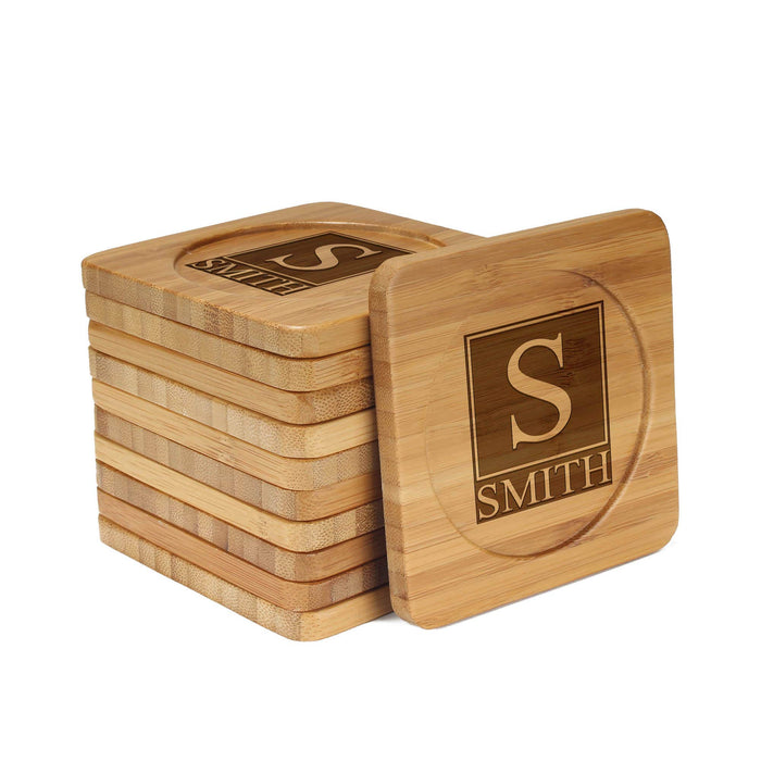 bamboomn Square Monogram Square Custom Engraved Bamboo Coaster Set