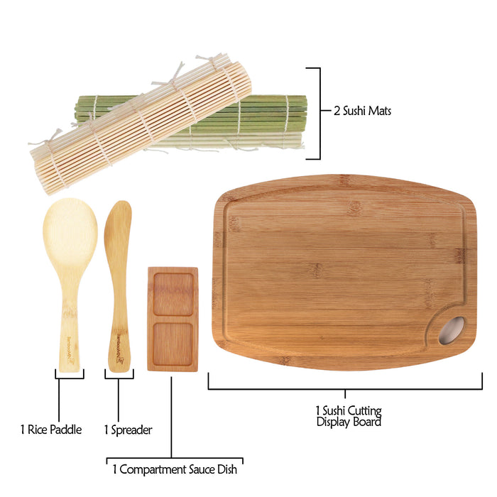 Bamboomn Sushi Rolling Mats Rice Paddle Spreader Sushi Sauce Dish And Medium/Large Board Kit