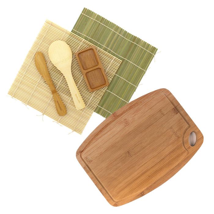 bamboomn Sushi Rolling Mats Rice Paddle Spreader Sushi Sauce Dish and Medium/Large Board Kit