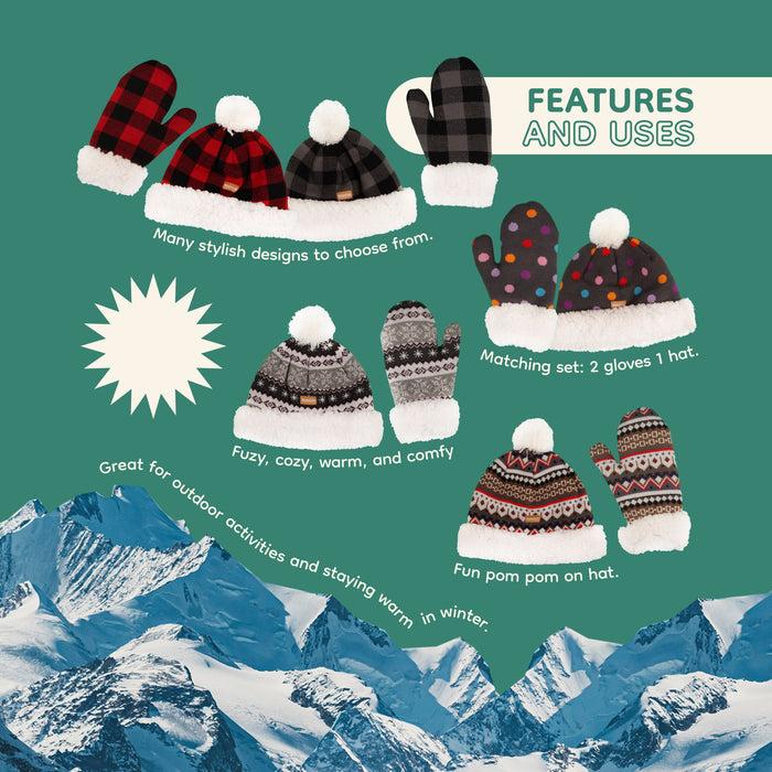 Bamboomn Women's Classic Winter Fleeced Pom Pom Hat And Mittens Set