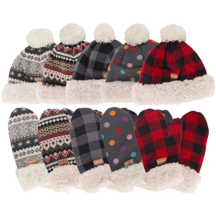 bamboomn Women's Classic Winter Fleeced Pom Pom Hat and Mittens Set
