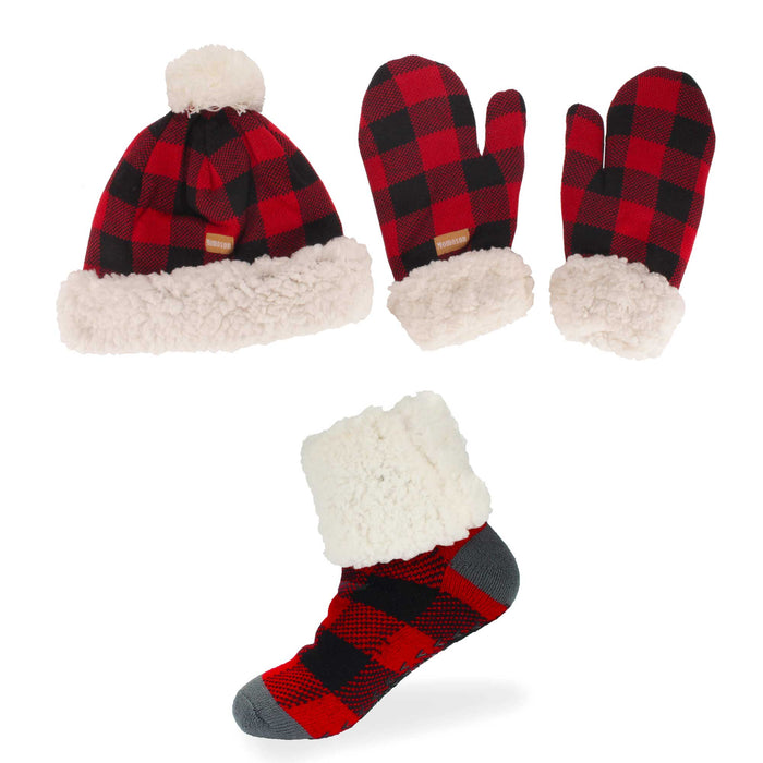 Bamboomn Women's Warm Fuzzy Winter Socks Pom-Pom Beanie And Mittens Set