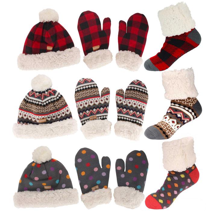 bamboomn Women's Warm Fuzzy Winter Socks Pom-Pom Beanie and Mittens Set