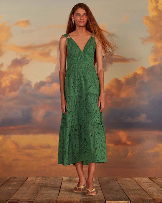 ban do Green Monstera Corset Eyelet Maxi Dress