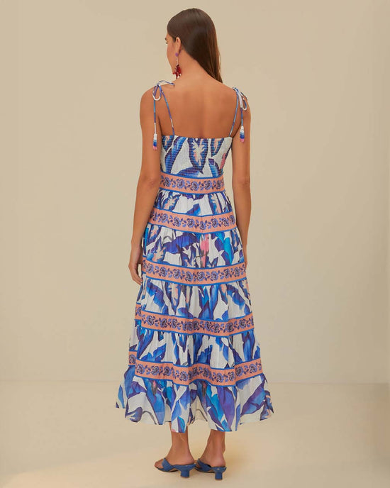Ban Do Off-White Blue Foliage Midi Dress