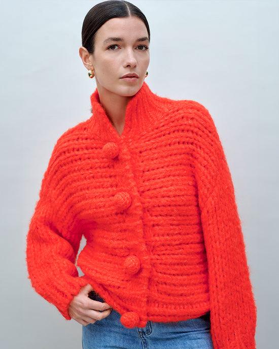 ban do Red Hand Knitted Pom Pom Cardigan